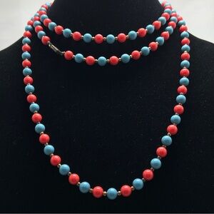 Vintage Red And Blue Lucite Beaded  Necklace, Super Long, Mid Century